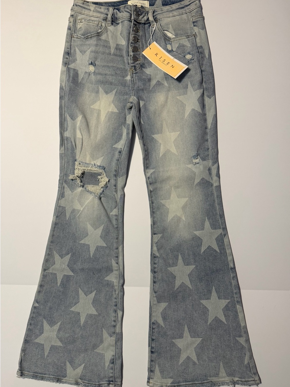 Risen Light Blue Star-Print Flared Jeans